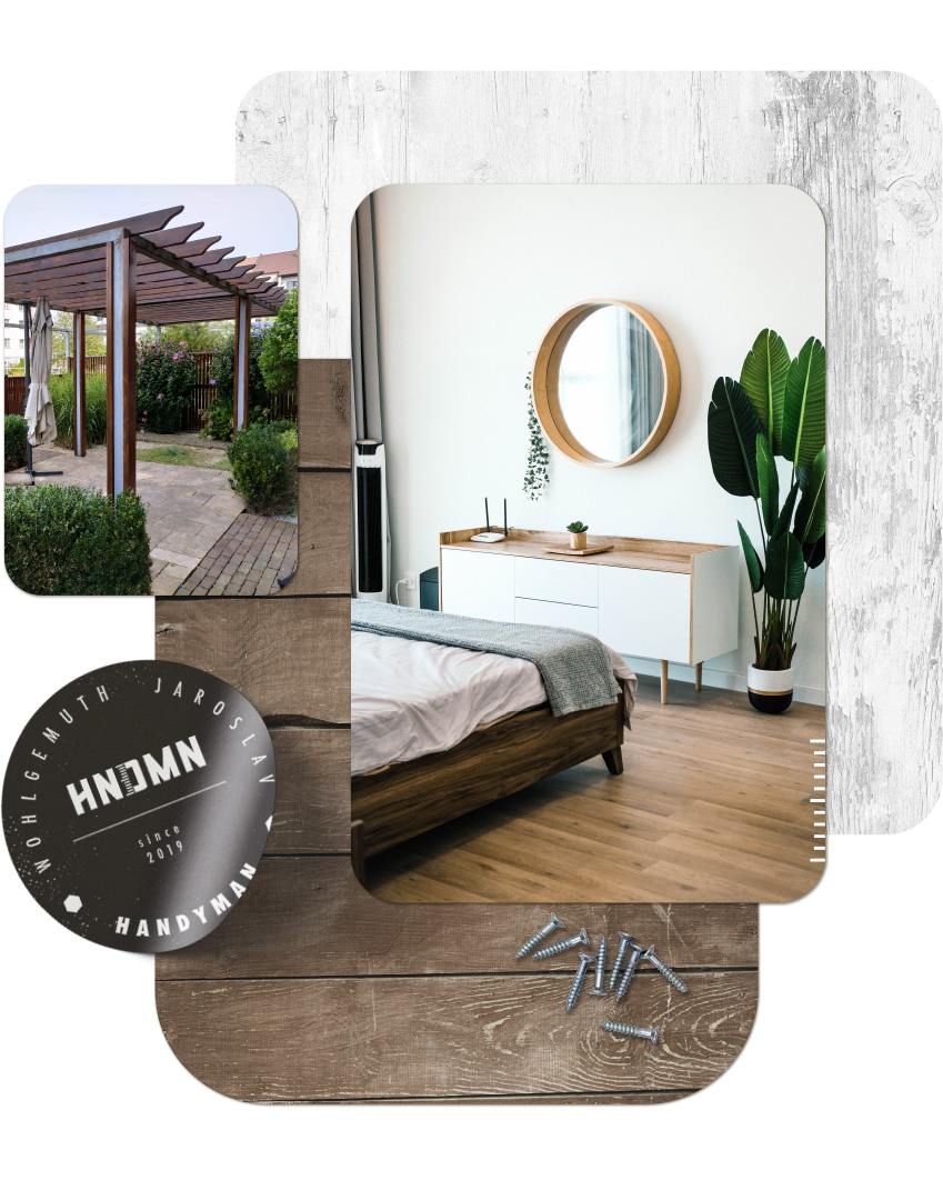 Photo collage of logo, wood texture, and furniture